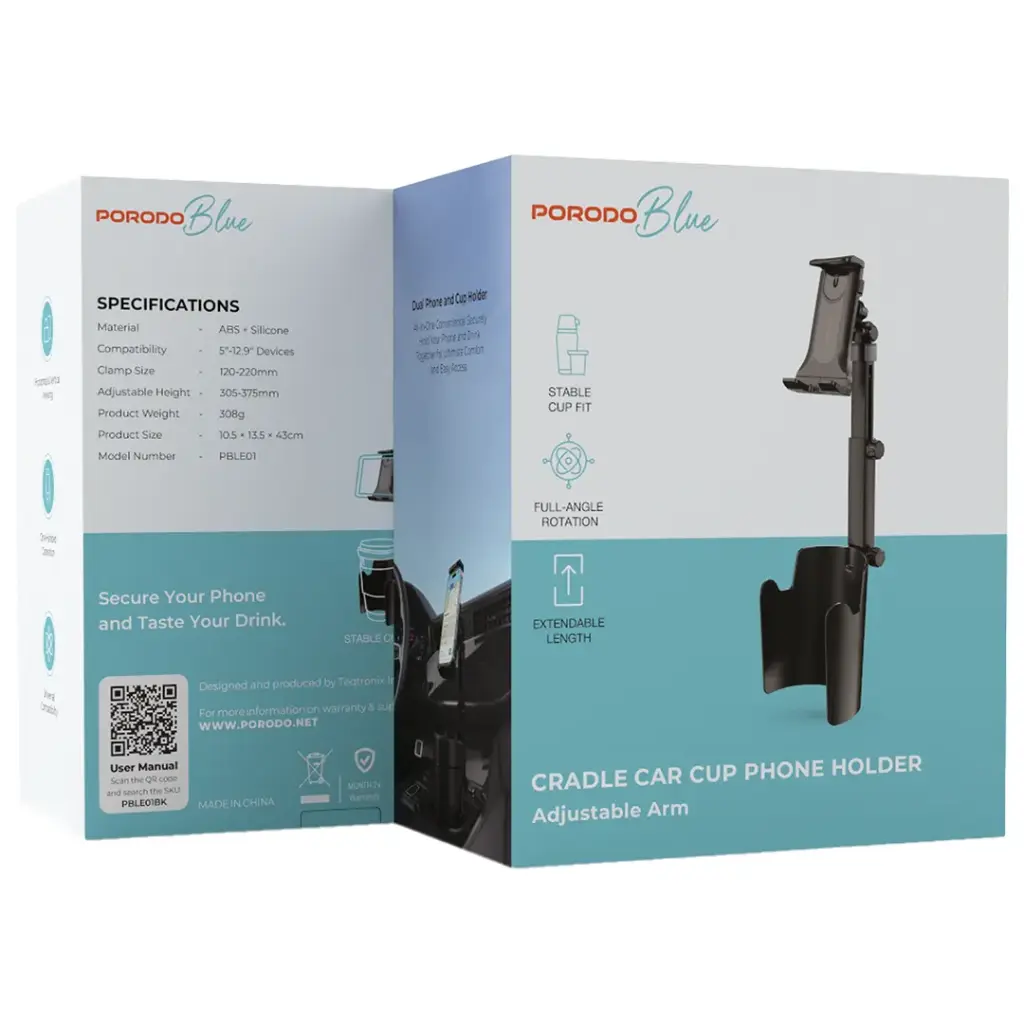 PORODO BLUE CRADLE CAR CUP PHONE HOLDER ADJUSTABLE ARM BLACK PBLE01BK - Image 3