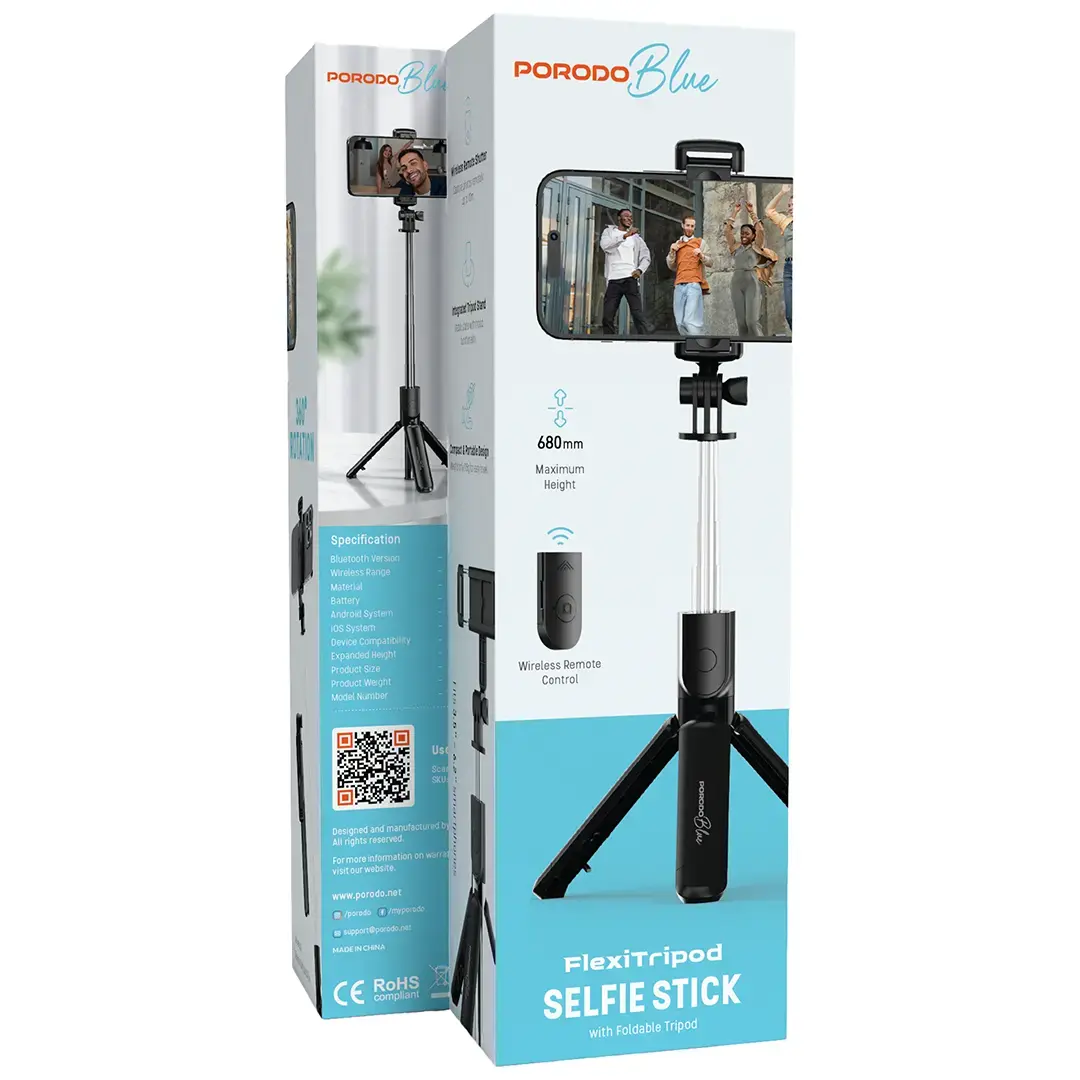 PORODO BLUE FLEXI TRIPOD SELFIE STICK WITH FOLDABLE TRIPOD BLACK PBS03SSTBK - Image 11