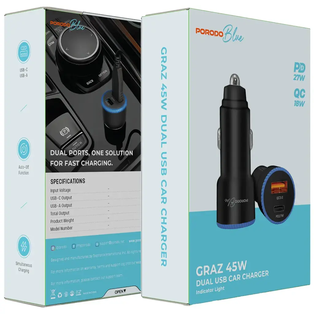 PORODO BLUE GRAZ 45W DUAL USB C CAR CHARGER PD27W USB C TO LIGHTNING CABLE 1M BLACK PBCCR51LBK - Image 2