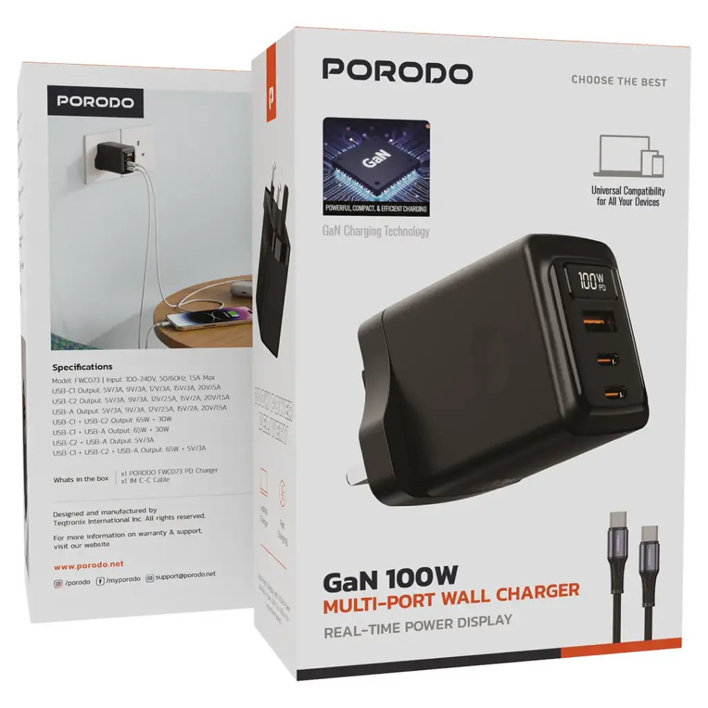 PORODO GAN 100W MULTI PORT WALL CHARGER TYPE C TO TYPE C CABLE BLACK PDFWCH073CBK - Image 5