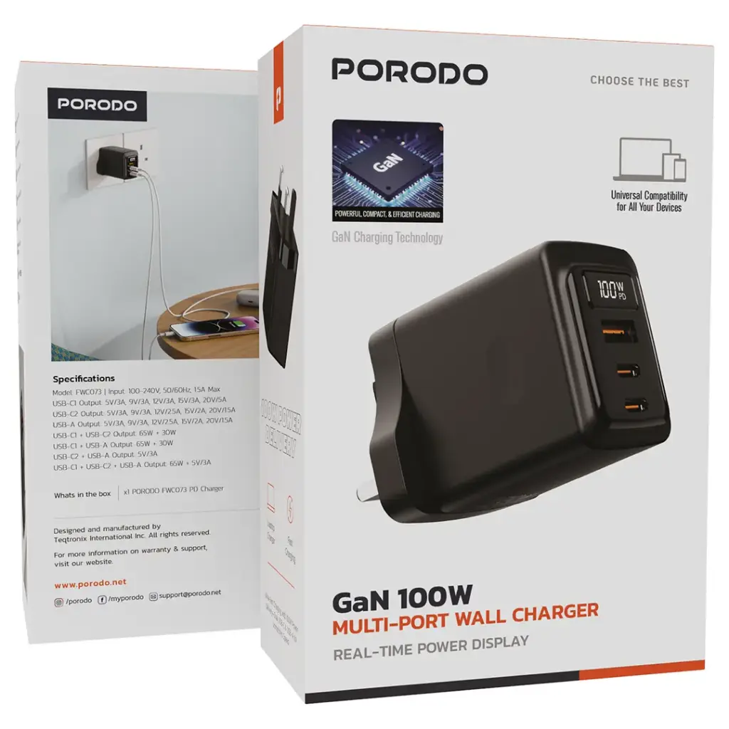 PORODO GAN 100W MULTI PORT WALL CHARGER BLACK PDFWCH073BK - Image 4