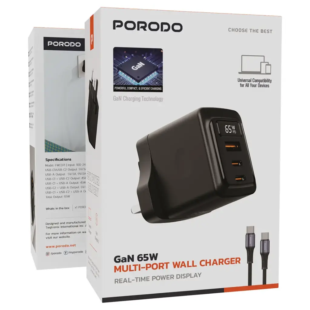 PORODO GAN 65W MULTI PORT WALL CHARGER WITH TYPE C TO TYPE C CABLE BLACK PDFWCH071CBK - Image 6