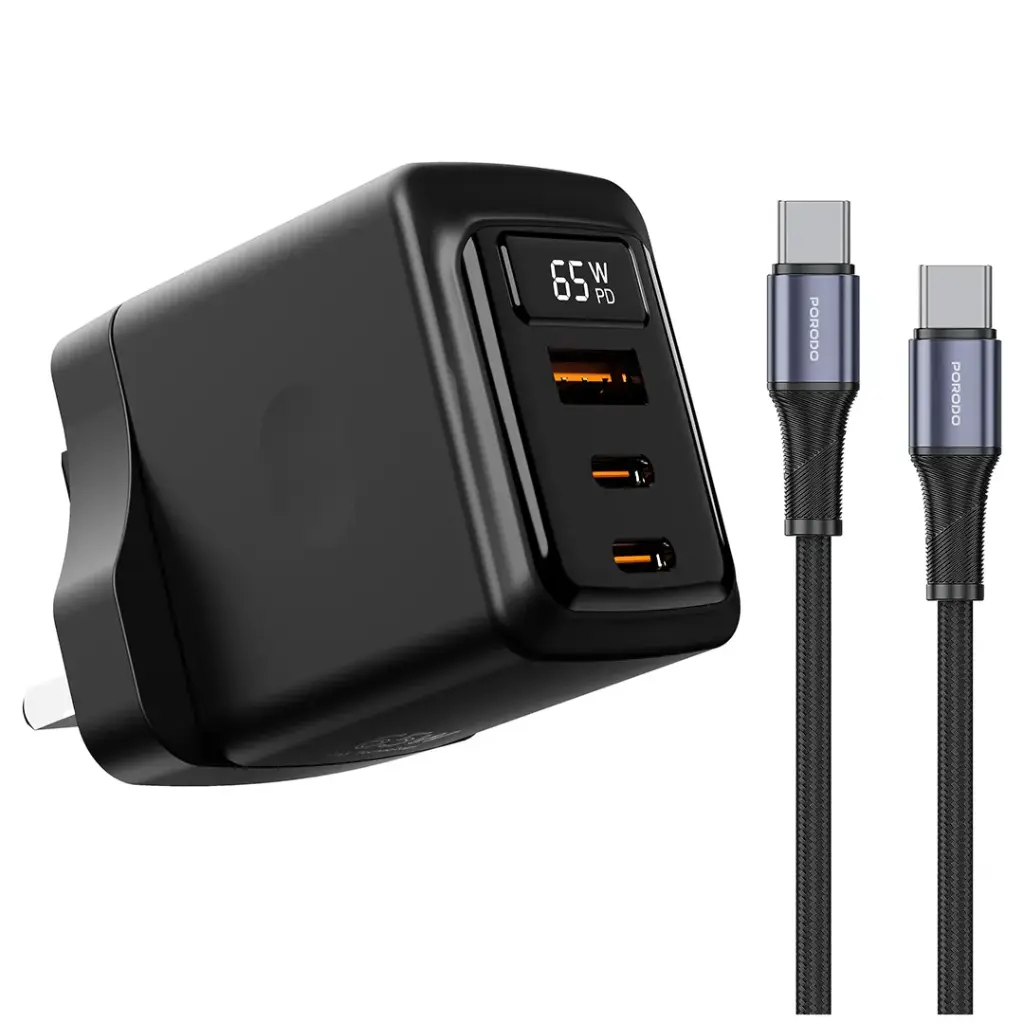 PORODO GAN 65W MULTI PORT WALL CHARGER WITH TYPE C TO TYPE C CABLE BLACK PDFWCH071CBK - Image 3