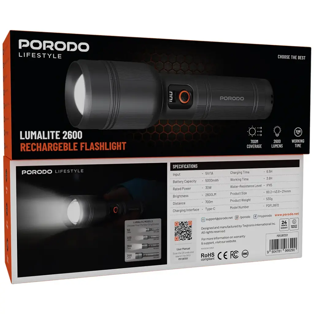 PORODO LIFESTYLE LUMALITE 2600 RECHARGEBLE FLASHLIGHT GRAY PDFL9972GY - Image 6