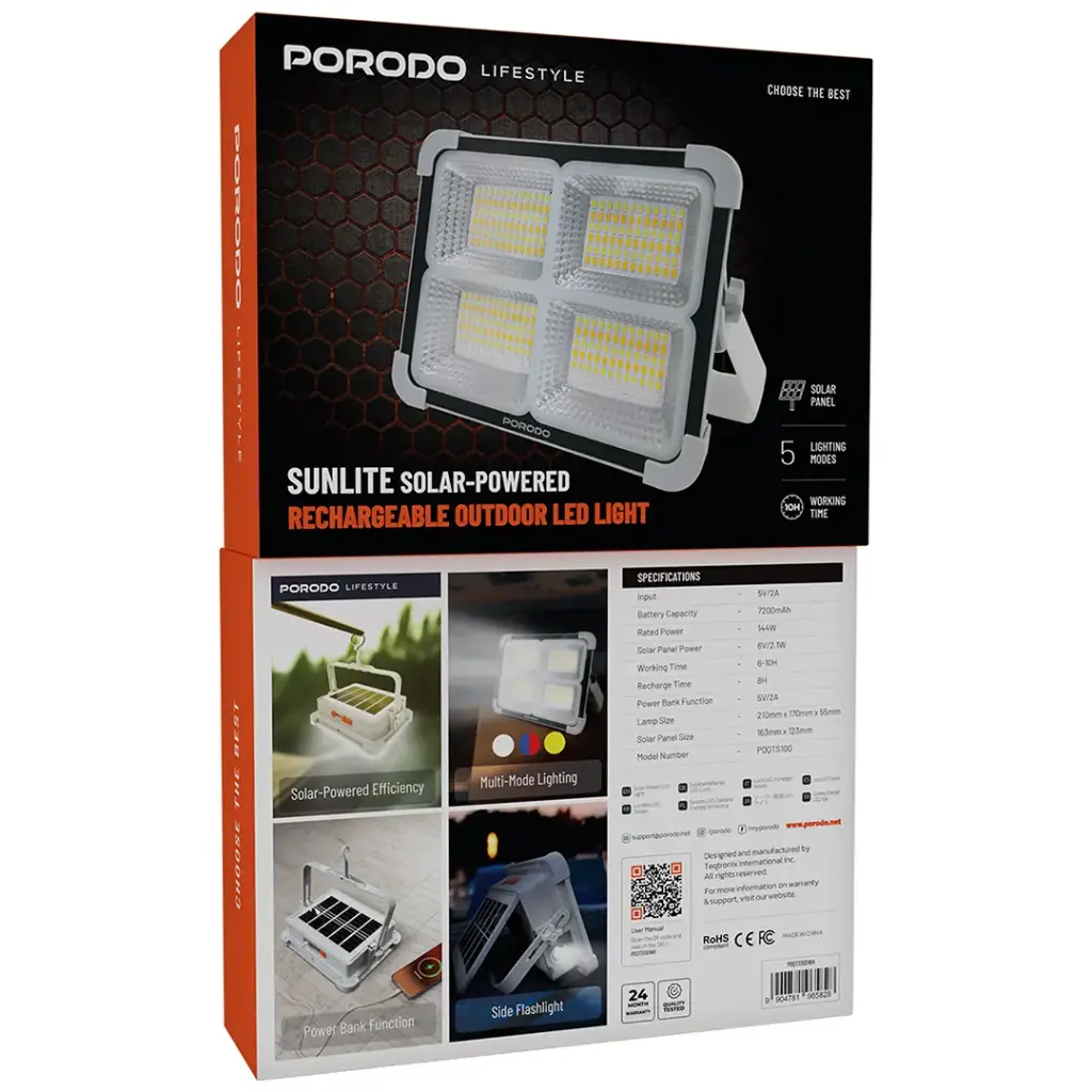 PORODO LIFESTYLE SUNLITE SOLAR POWERED RECHARGEABLE OUTDOOR LED LIGHT GRAY PDQTS100WH - Image 5