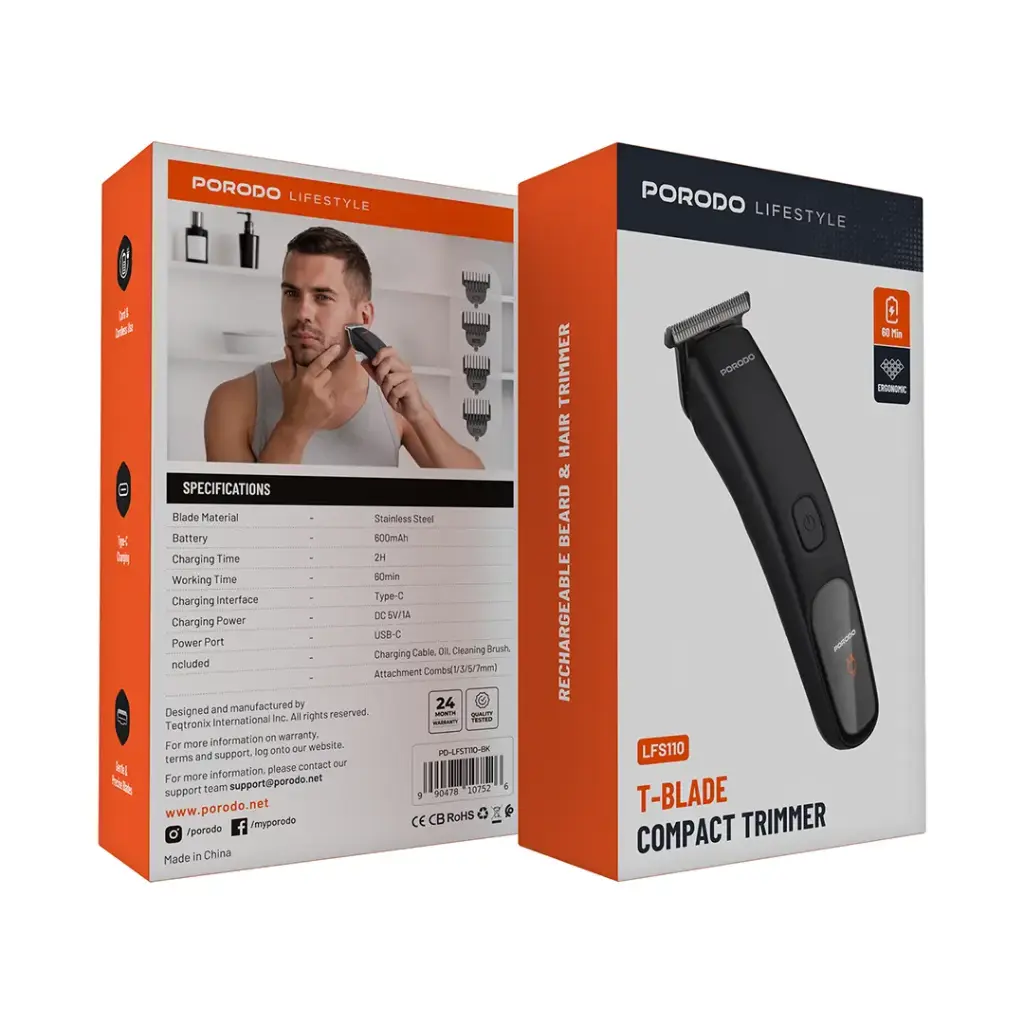 PORODO LIFESTYLE T-BLADE COMPACT TRIMMER 600MAH BLACK PDLFST110BK - Image 2