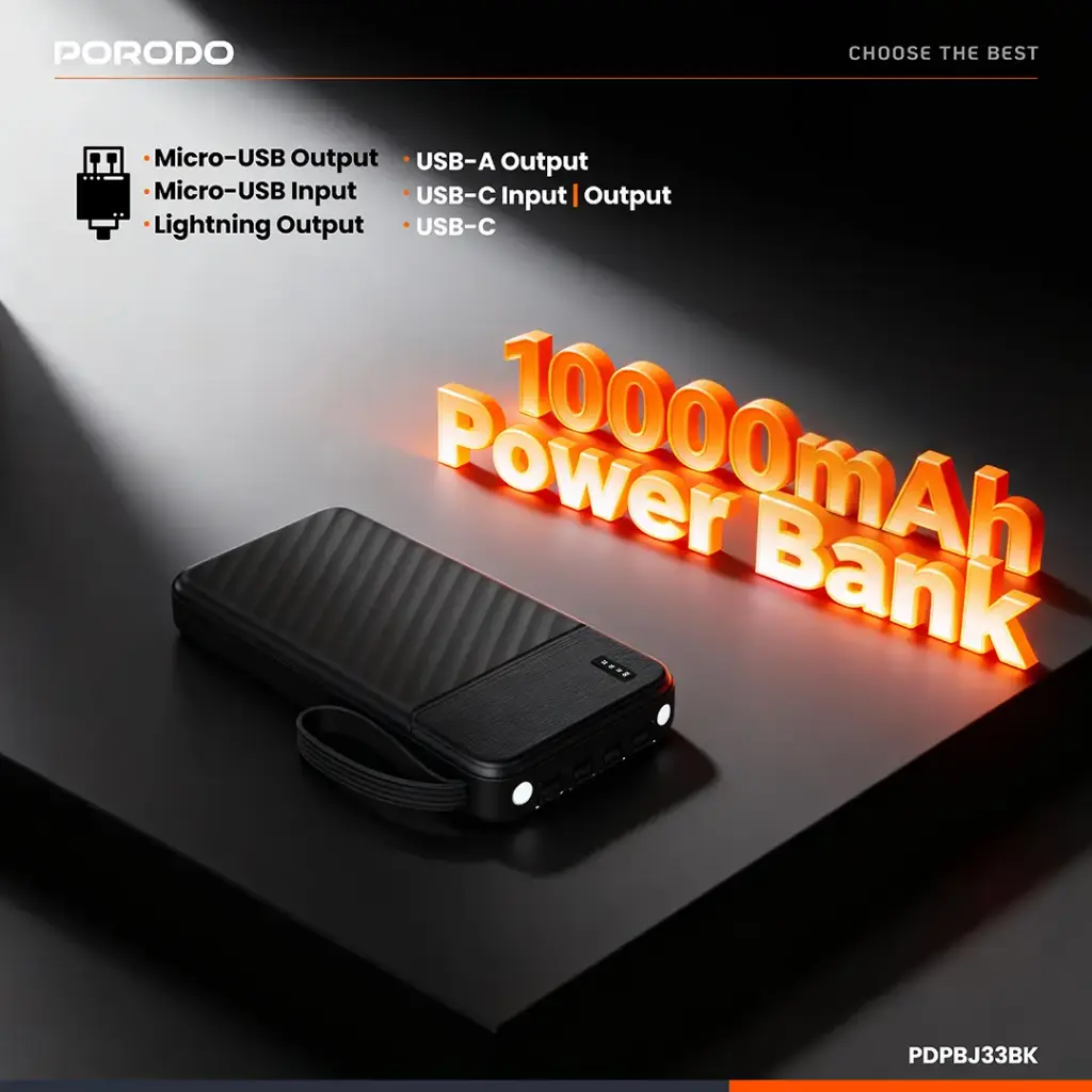 PORODO PIANO 10000MAH POWER BANK WITH INTEGRATED CABLES BLACK PDPBJ33BK - Image 11