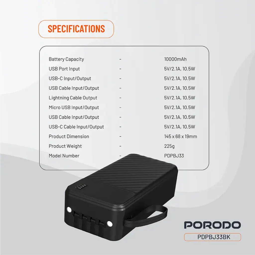 PORODO PIANO 10000MAH POWER BANK WITH INTEGRATED CABLES BLACK PDPBJ33BK - Image 2