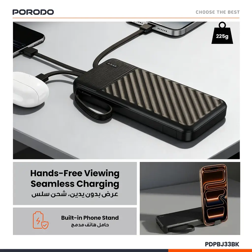 PORODO PIANO 10000MAH POWER BANK WITH INTEGRATED CABLES BLACK PDPBJ33BK - Image 9