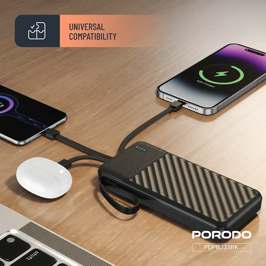 PORODO PIANO 10000MAH POWER BANK WITH INTEGRATED CABLES BLACK PDPBJ33BK - Image 4