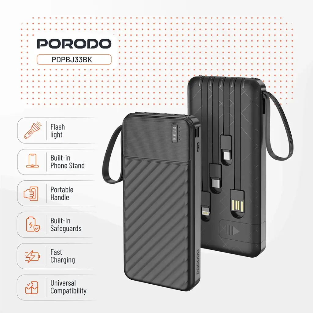 PORODO PIANO 10000MAH POWER BANK WITH INTEGRATED CABLES BLACK PDPBJ33BK - Image 3