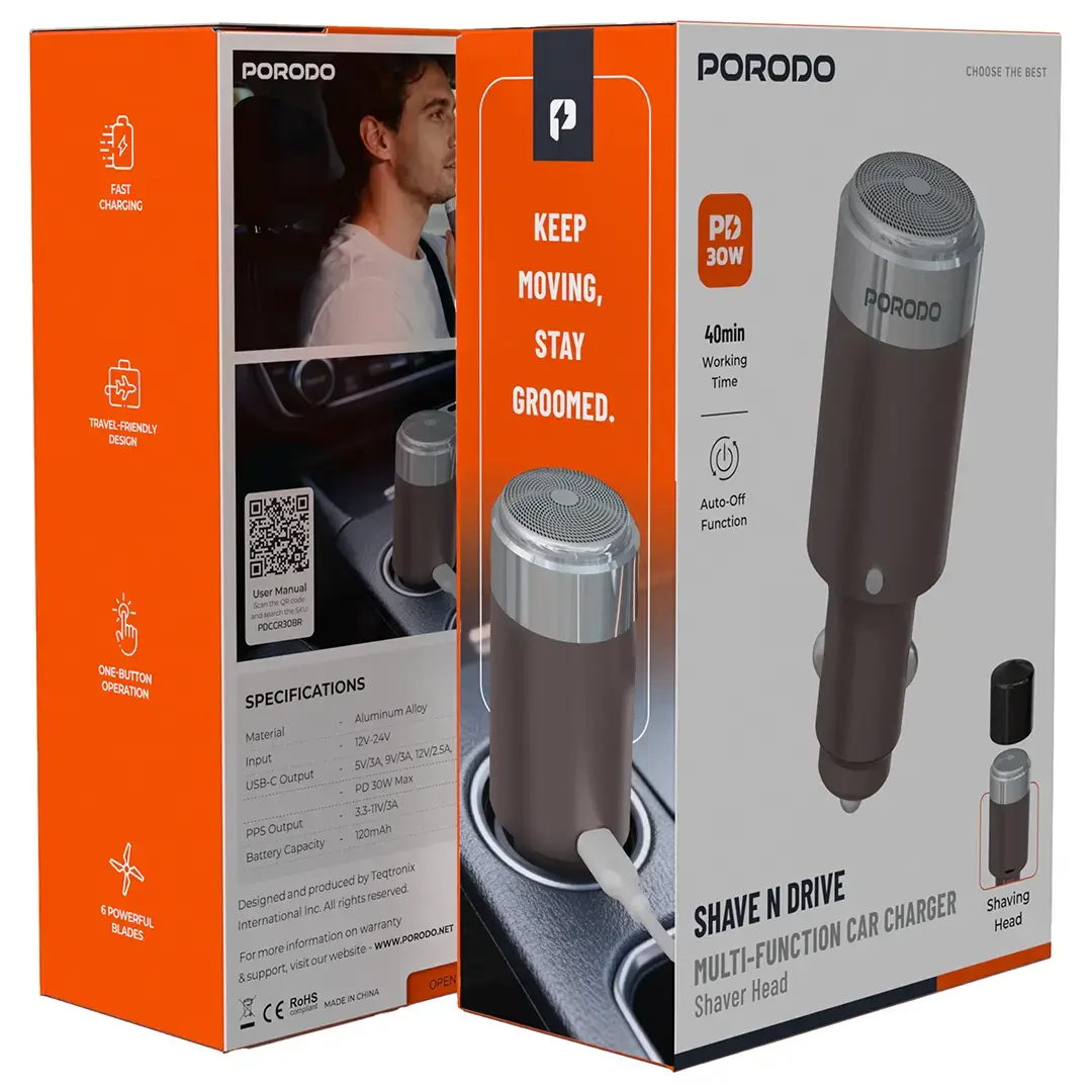 PORODO SHAVE N DRIVE MULTI FUNCTION CAR CHARGER SHAVER HEAD PD30W BROWN PDCCR30BR - Image 3