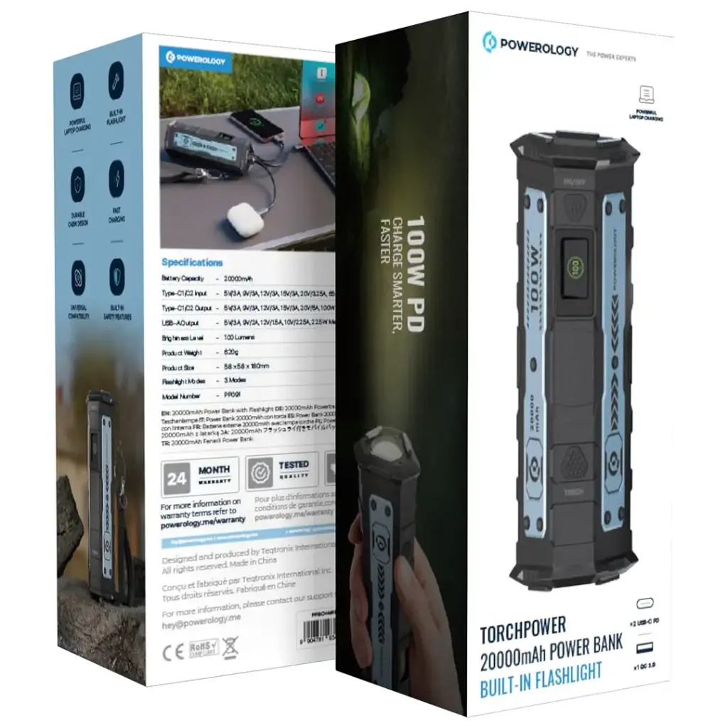 POWEROLOGY TORCHPOWER 20000MAH POWER BANK BUILT IN FLASHLIGHT BLACK PPBCHA91BK - Image 5