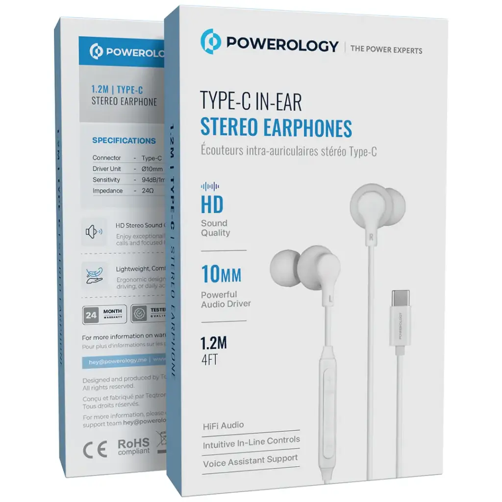 POWEROLOGY TYPE C IN EAR STEREO EARPHONES WHITE PWEPHCR28WH - Image 2