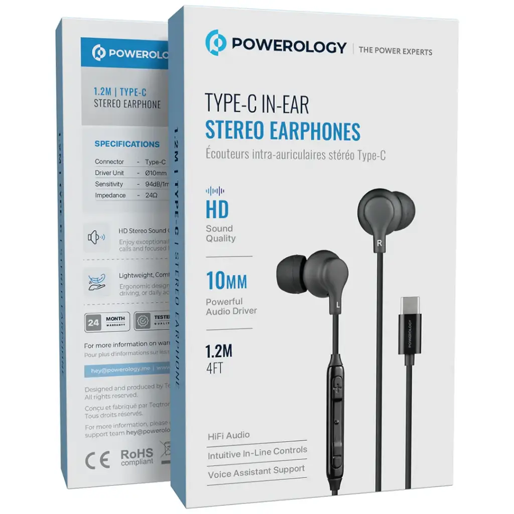 POWEROLOGY TYPE C IN EAR STEREO EARPHONES BLACK PWEPHCR28BK - Image 2