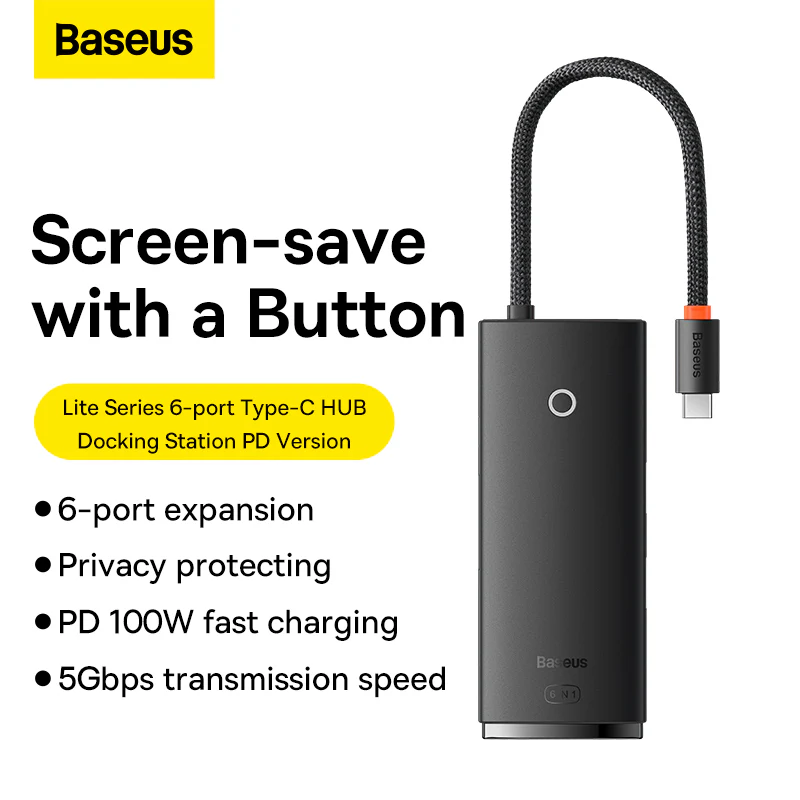 BASEUS LITE SERIES 6 PORT TYPE C HUB DOCKING STATION BLACK BS-0H019 - Image 6