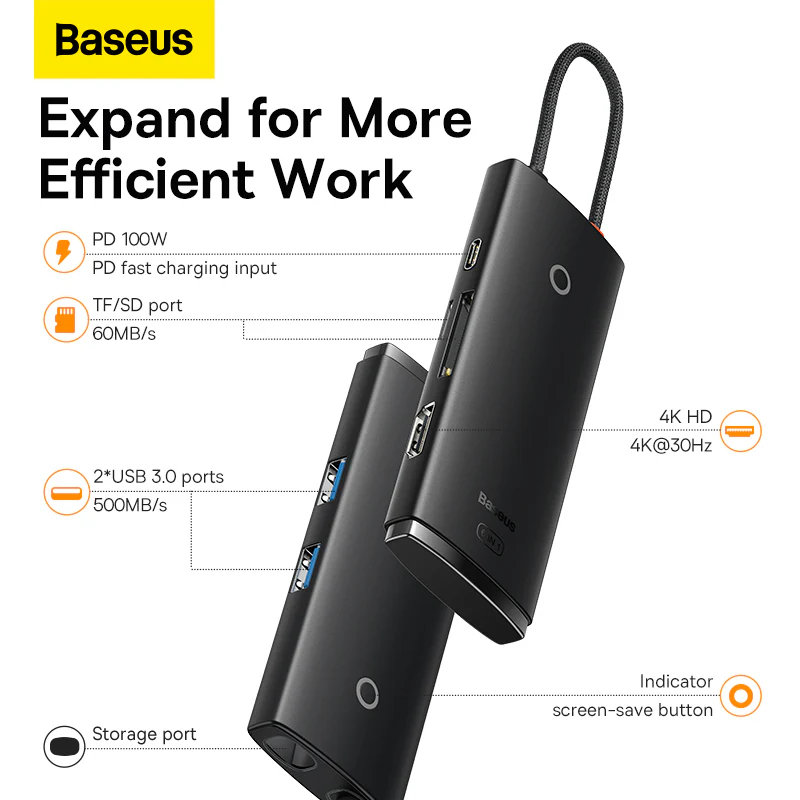 BASEUS LITE SERIES 6 PORT TYPE C HUB DOCKING STATION BLACK BS-0H019 - Image 7