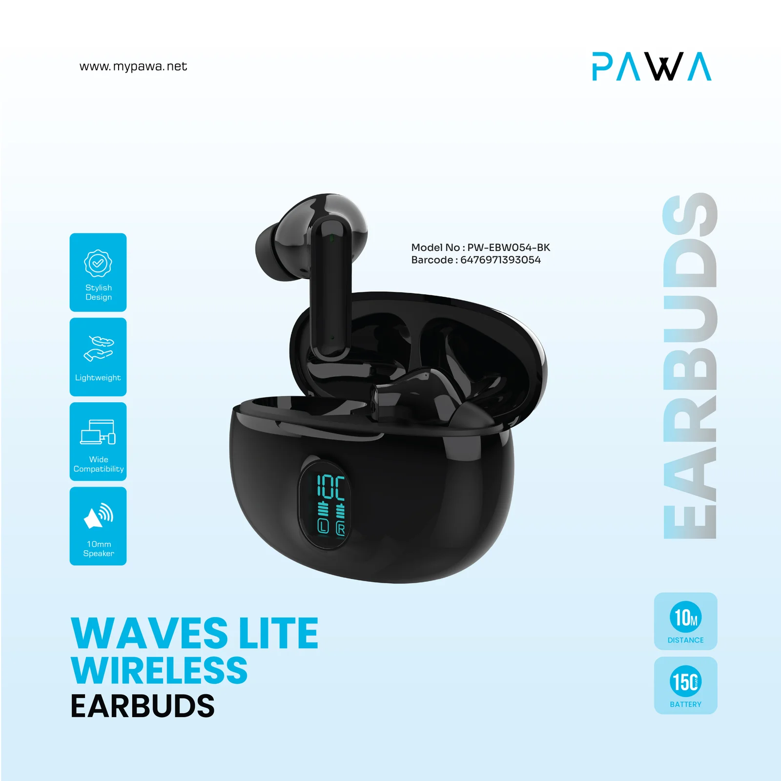 PAWA WAVES LITE WIRELESS EARBUDS BLACK PW-EBW054-BK - Image 2