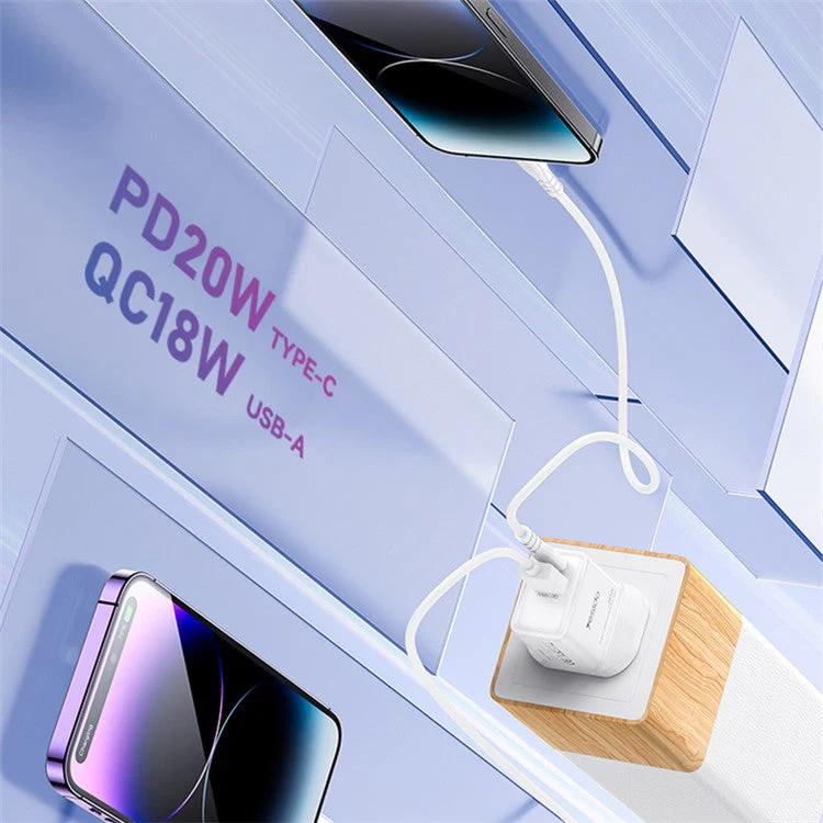 YESIDO 20W GAN USB-A AND USB-C FAST CHARGER WHITE YC80 - Image 2