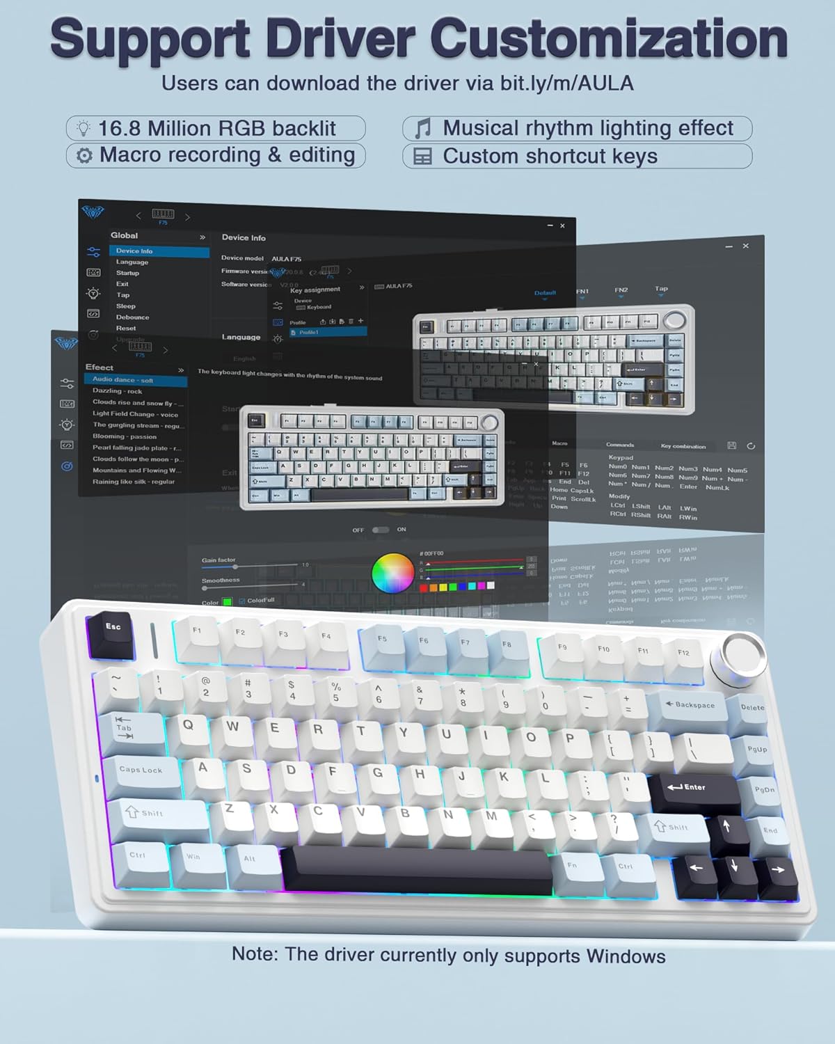 AULA 75 KEYS RGB 75% MECHANICAL GAMING KEYBOARD TRI-MODE KNOB REAPER SWITCH BL+WH+DKPRP F75 MAX - Image 8