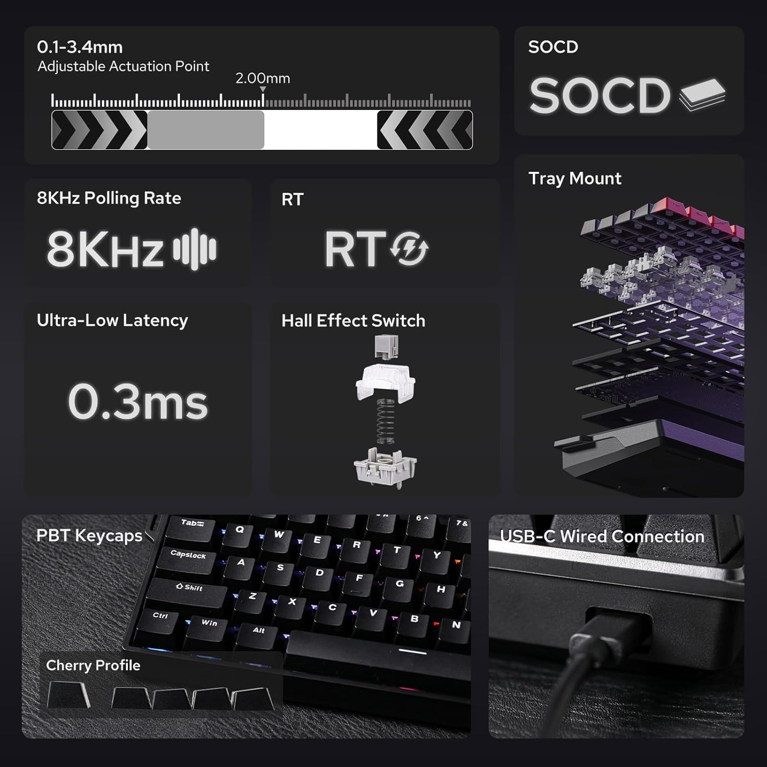 AULA 68 KEYS RGB 65% WIRED MECHANICAL GAMING KEYBOARD GRAY WOOD MAGNETIC SWITCH BLACK - Image 2