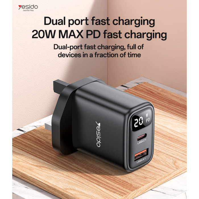YESIDO 20W USB-A AND USB-C WITH DISPLAY FAST CHARGER BLACK YC87 - Image 2