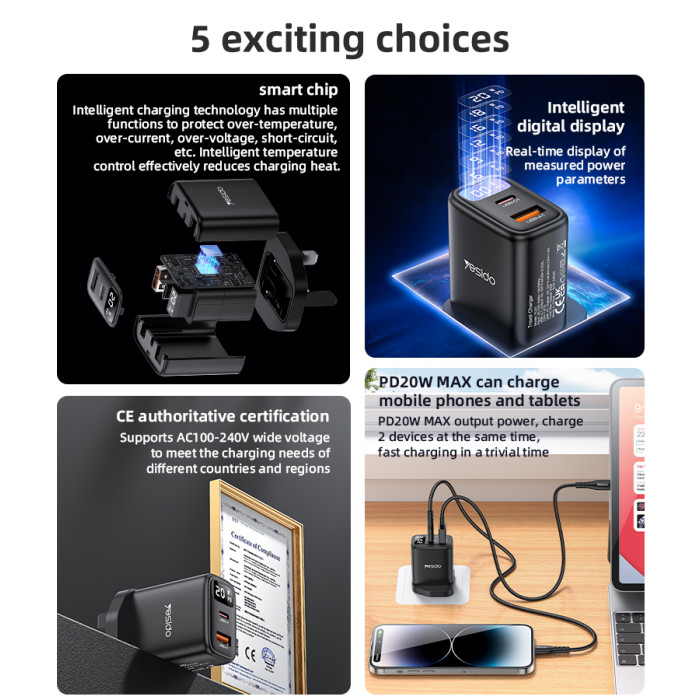 YESIDO 20W USB-A AND USB-C WITH DISPLAY FAST CHARGER BLACK YC87 - Image 3