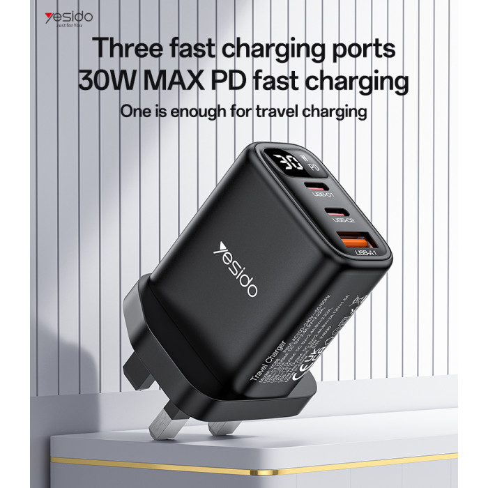 YESIDO 30W GAN 1XUSB-A AND 2XUSB-C CHARGER WITH DISPLAY BLACK YC88 - Image 2