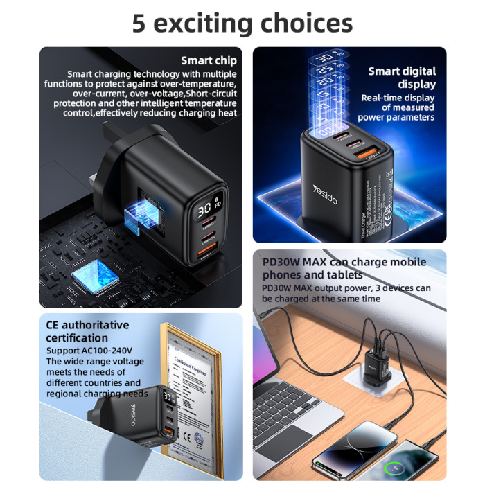 YESIDO 30W GAN 1XUSB-A AND 2XUSB-C CHARGER WITH DISPLAY BLACK YC88 - Image 3
