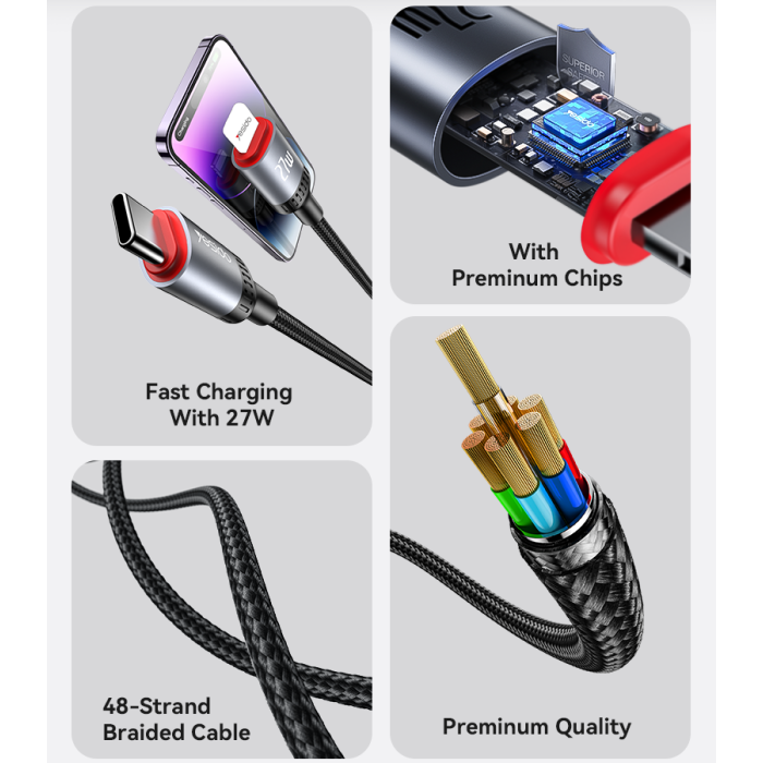 YESIDO 27W USB-C TO LIGHTNING CABLE 1.2M BLACK CA182 - Image 3