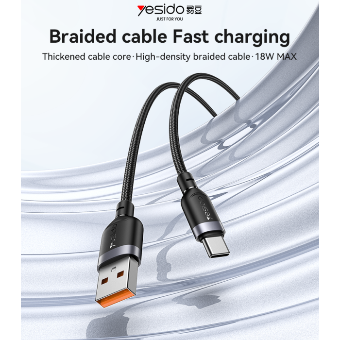 YESIDO 18W USB-A TO USB-C CABLE 2M BLACK CA133C - Image 2