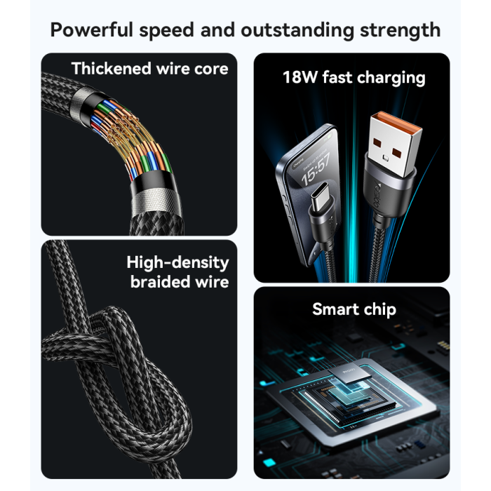 YESIDO 18W USB-A TO USB-C CABLE 2M BLACK CA133C - Image 3