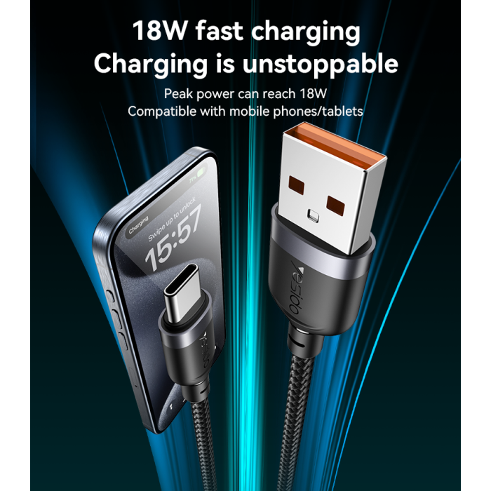 YESIDO 18W USB-A TO USB-C CABLE 2M BLACK CA133C - Image 4
