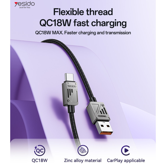 YESIDO 18W USB-A TO USB-C CABLE 1.2M BLACK CA135C - Image 2
