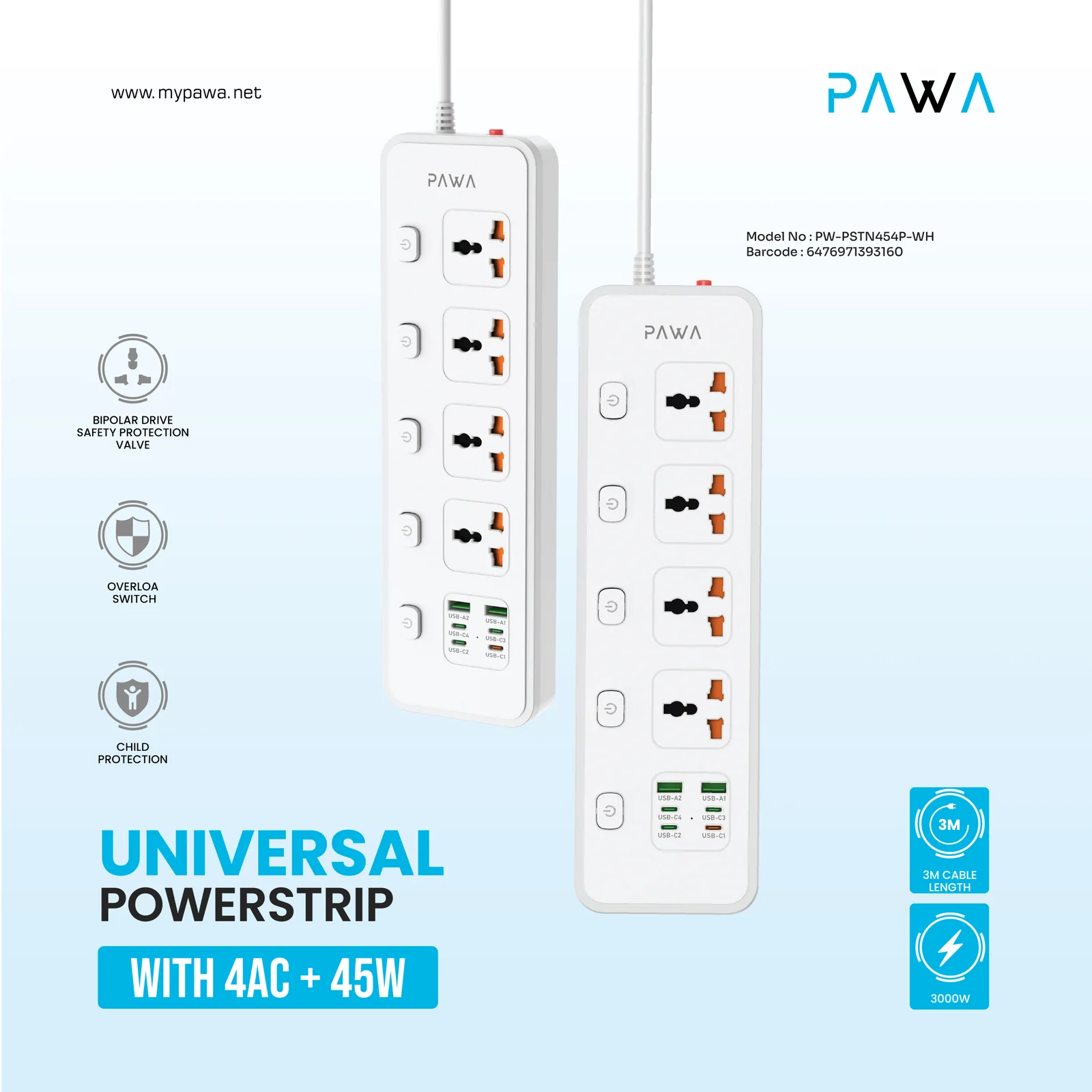 PAWA UNIVERSAL POWERSTRIP WITH 4AC + 45W WHITE PW-PSTN454P-WH - Image 3