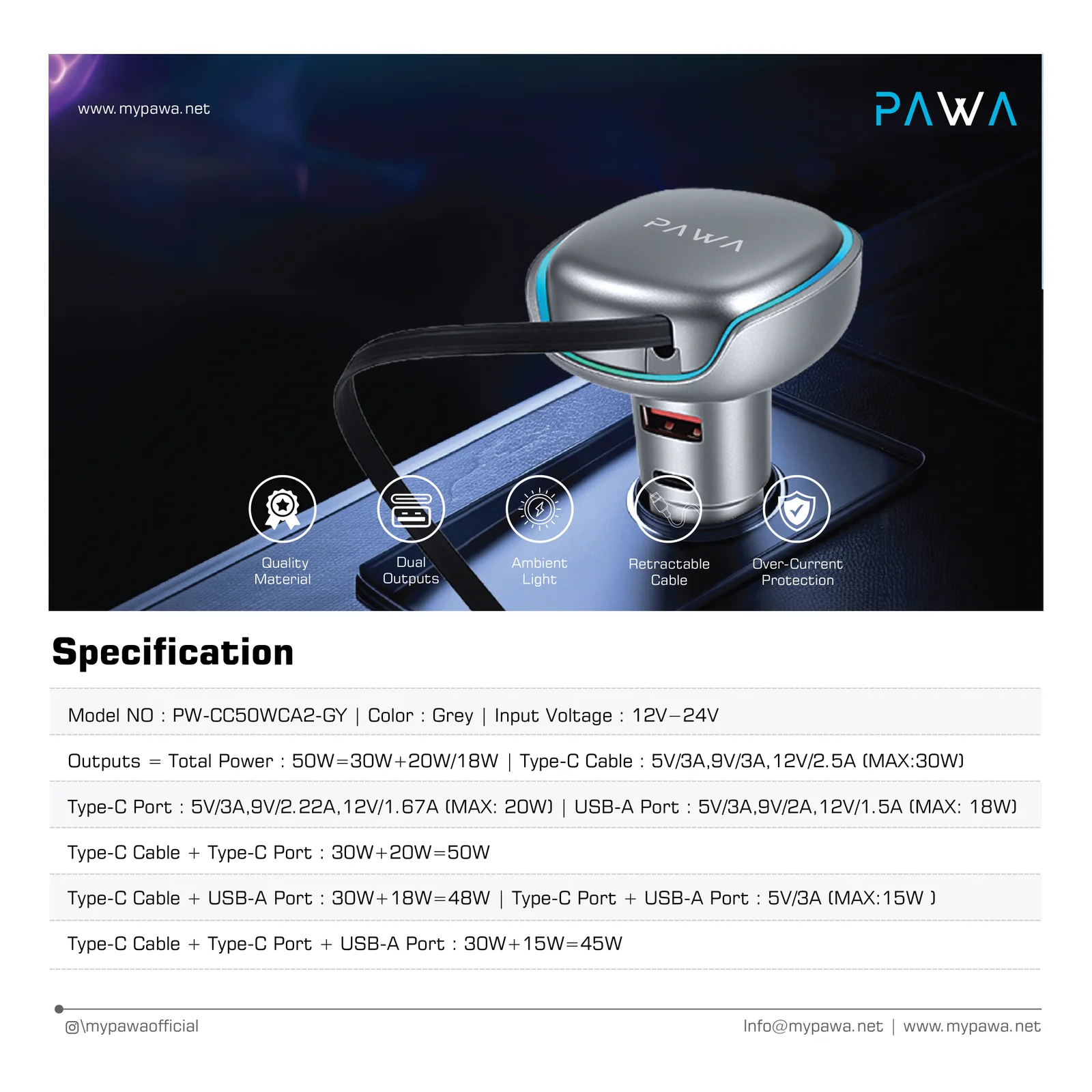PAWA CAR CHARGER 50W WITH RETRACTABLE TYPE C CABLE SILVER PW-CC50WCA2-SL - Image 4