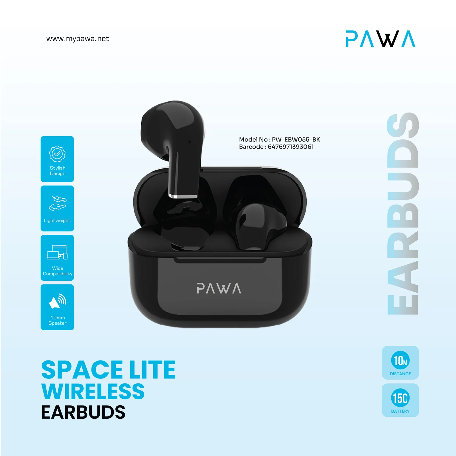 PAWA SPACE LITE WIRELESS EARBUDS BLACK PW-EBW055-BK - Image 2