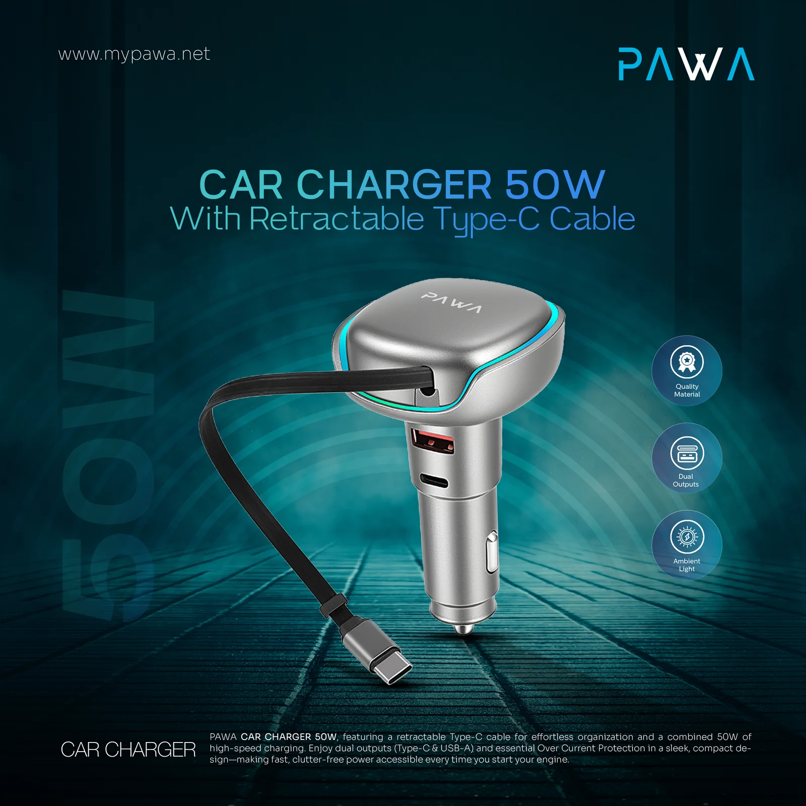 PAWA CAR CHARGER 50W WITH RETRACTABLE TYPE C CABLE SILVER PW-CC50WCA2-SL - Image 2