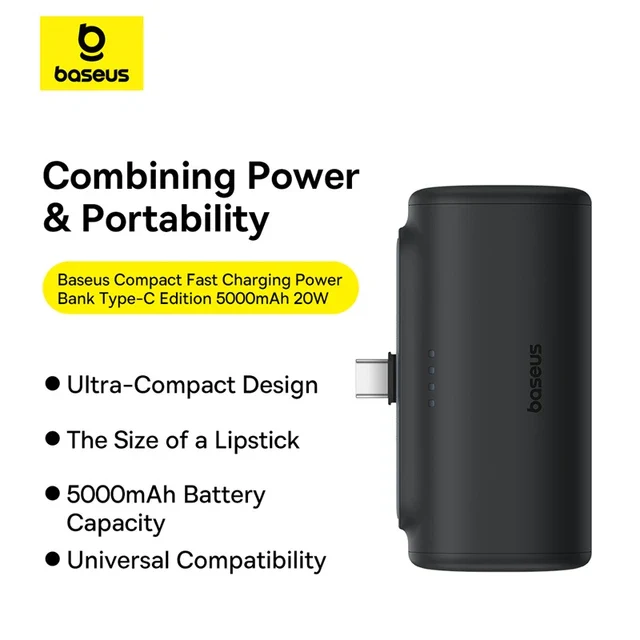 BASEUS COMPACT FAST CHARGING POWER BANK TYPE C EDITION 5000MAH 20W CLUSTER BLACK P10068306113-00-BK - Image 3
