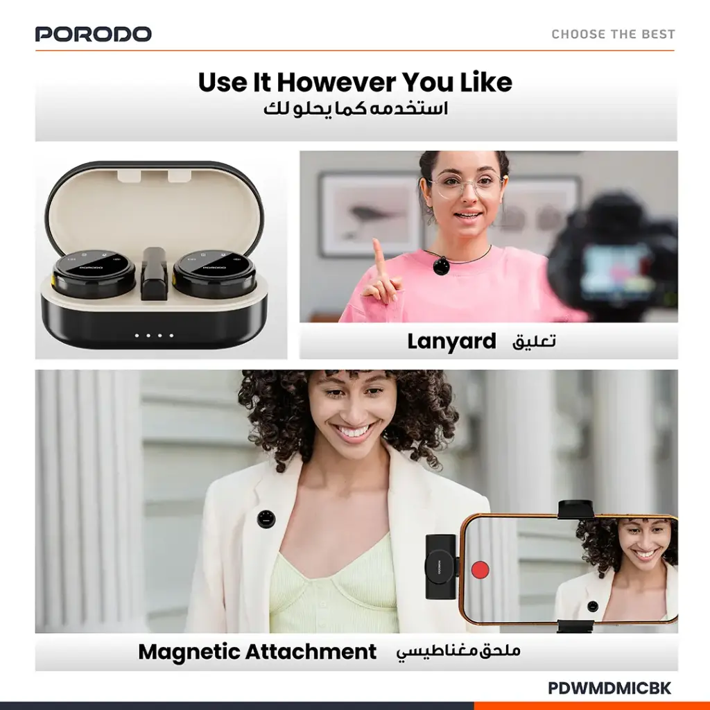 PORODO PROFESSIONAL LAVALIER MICROPHONE SET WITH MAGNETIC CLIPS AND CHARGING CASE BLACK PDWMDMICBK - Image 4