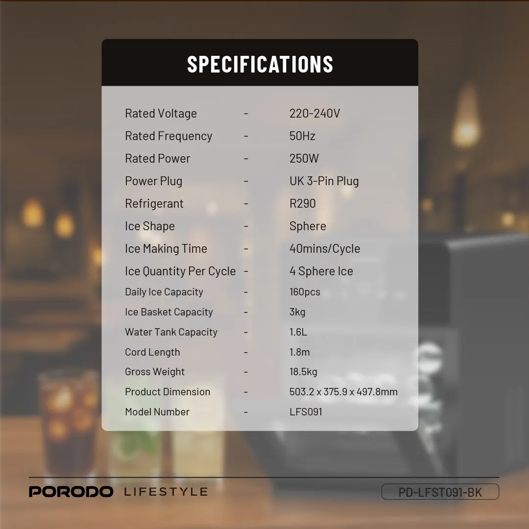 PORODO LIFESTYLE SPHERE SHAPED 260W DUAL SPHERE ICE MAKER 1.6L WITH LCD TOUCH DISPLAY BLACK PDLFST091BK - Image 10