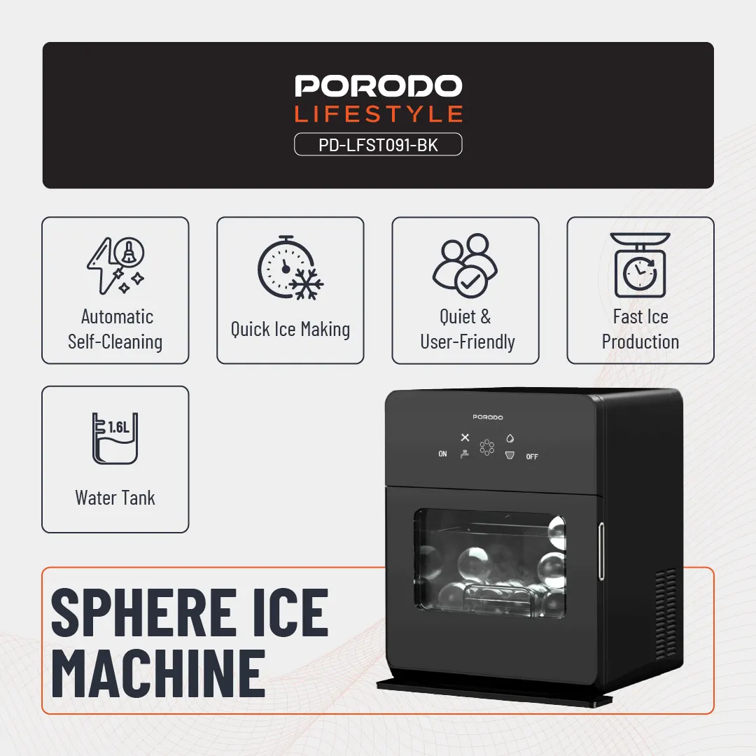 PORODO LIFESTYLE SPHERE SHAPED 260W DUAL SPHERE ICE MAKER 1.6L WITH LCD TOUCH DISPLAY BLACK PDLFST091BK - Image 8