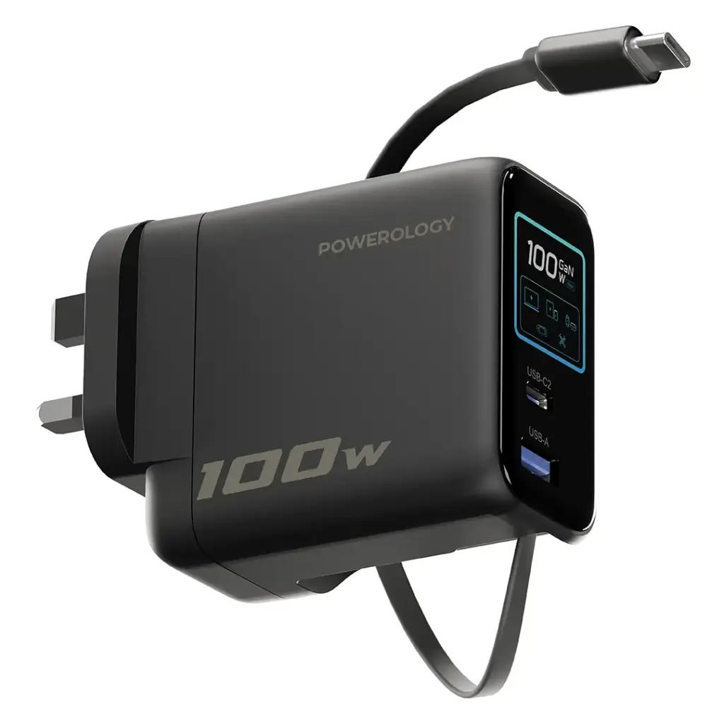 POWEROLOGY 100W AI TFT ADAPTER RETRACTABLE TYPE C CABLE BLACK PWCUQC100WBK - Image 2