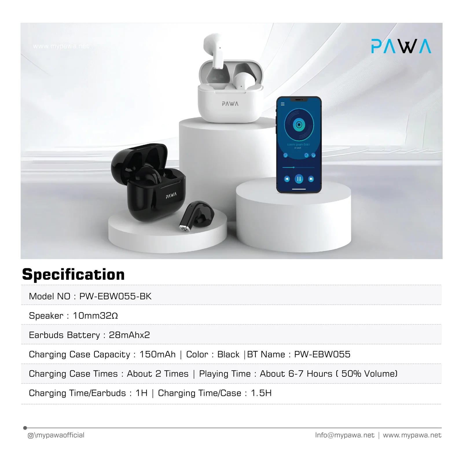 PAWA SPACE LITE WIRELESS EARBUDS BLACK PW-EBW055-BK - Image 3