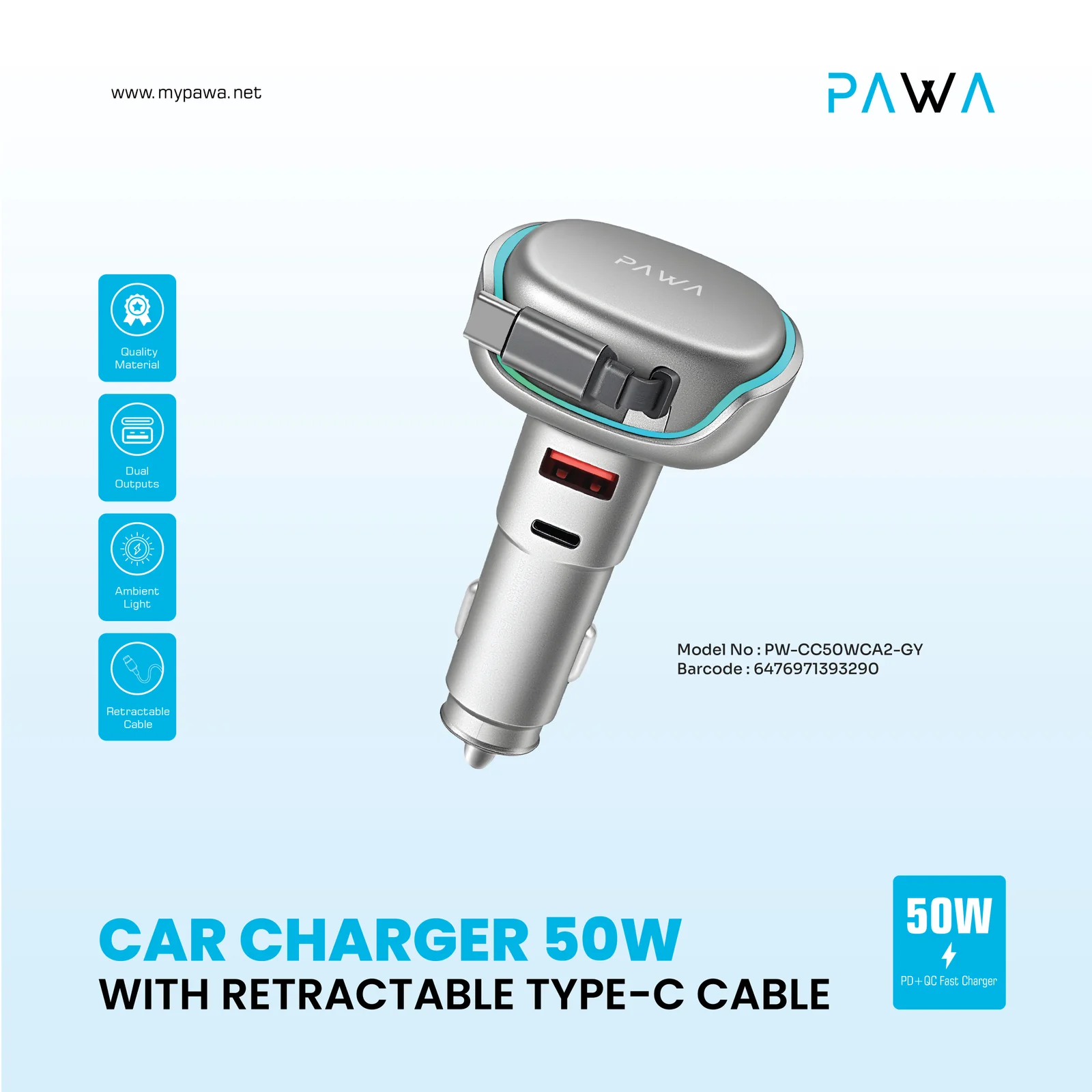 PAWA CAR CHARGER 50W WITH RETRACTABLE TYPE C CABLE SILVER PW-CC50WCA2-SL - Image 3