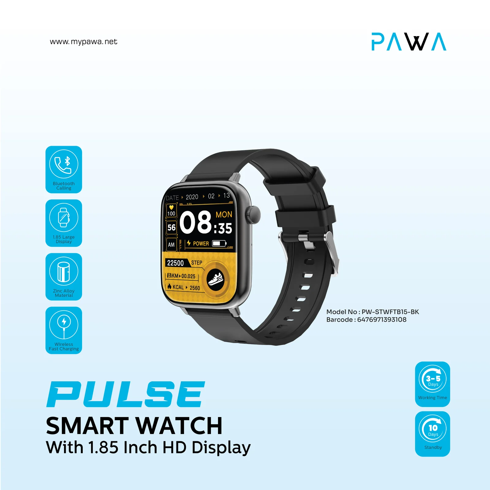 PAWA PLUSE SMART WATCH WITH 1.85 INCH HD DISPLAY BLACK PW-STWFTB15-BK - Image 2