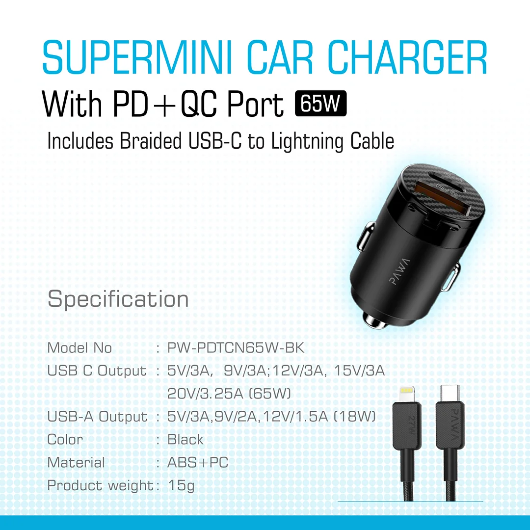 PAWA SUPERMINI CAR CHARGER WITH PD+QC PORT 65W BLACK PW-PDTCN65W-BK - Image 2