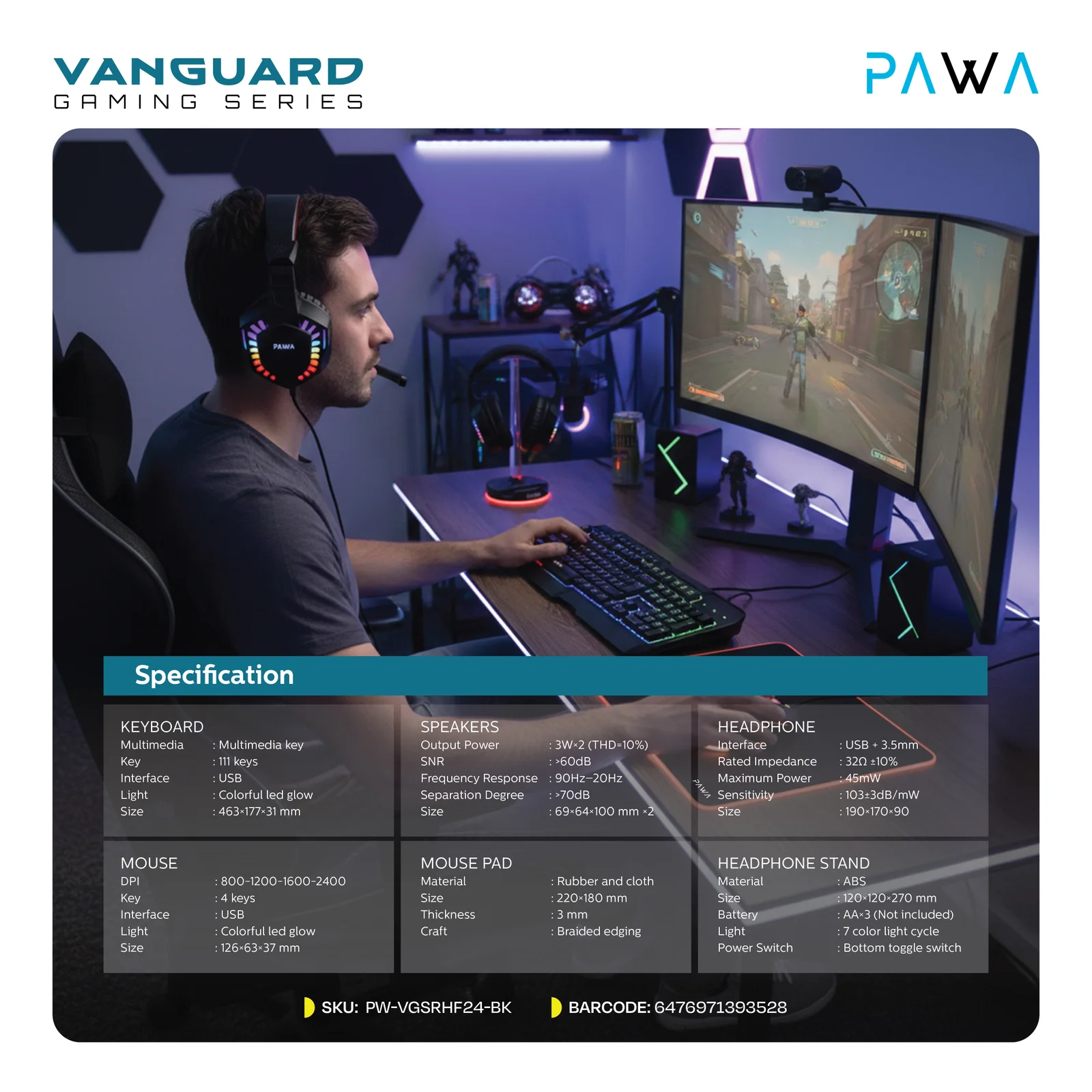 PAWA VANGUARD GAMING SERIES 6 IN 1 ULTIMATE GAMING KIT BLACK PW-VGSCMB66-BK - Image 3