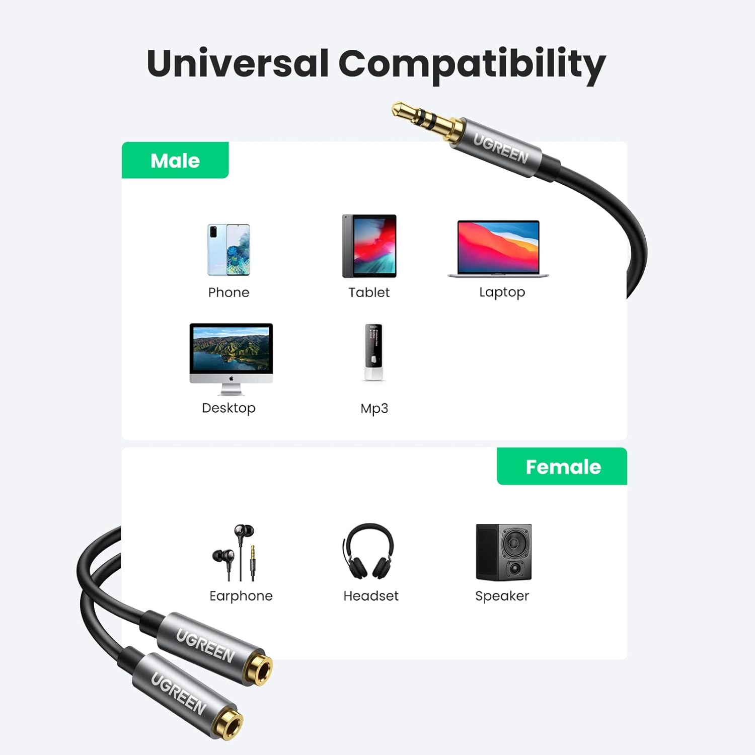 UGREEN 3.5MM AUX STEREO AUDIO SPLITTER CABLE WITH BRAID 20CM BLACK 10532 - Image 6