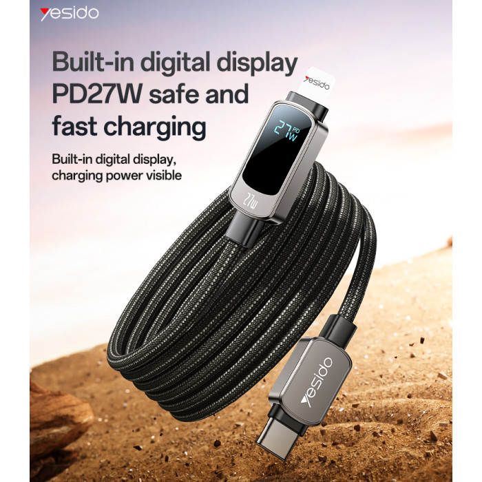 YESIDO 27W USB-C TO LIGHTNING CABLE WITH LED DISPLAY GREY CA180 - Image 2